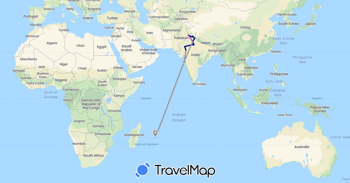 TravelMap itinerary: driving, plane, train in India, Mauritius (Africa, Asia)
